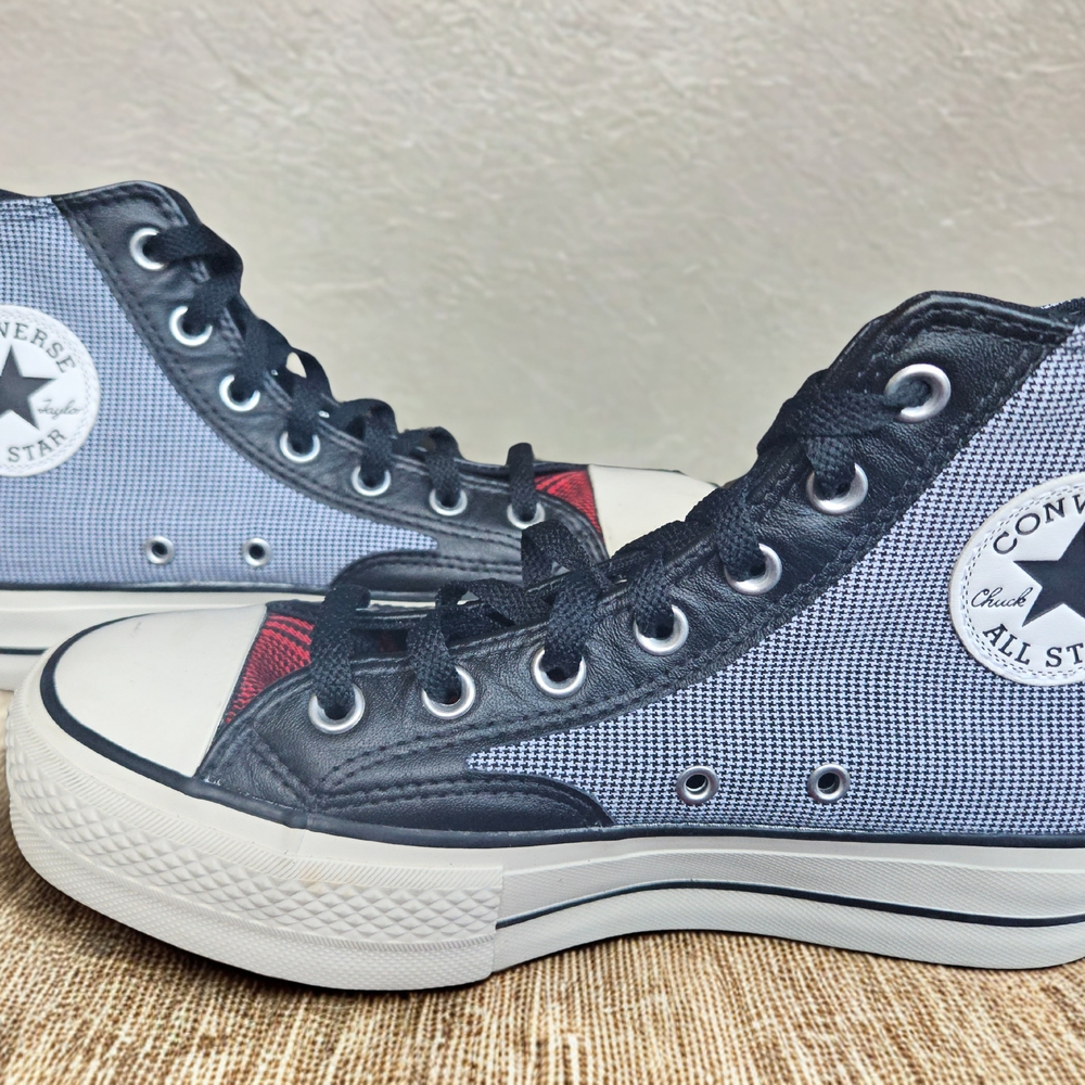 Converse Black and White Plaid High Top Sneakers With Red Plaid Tongue Size 7.5.